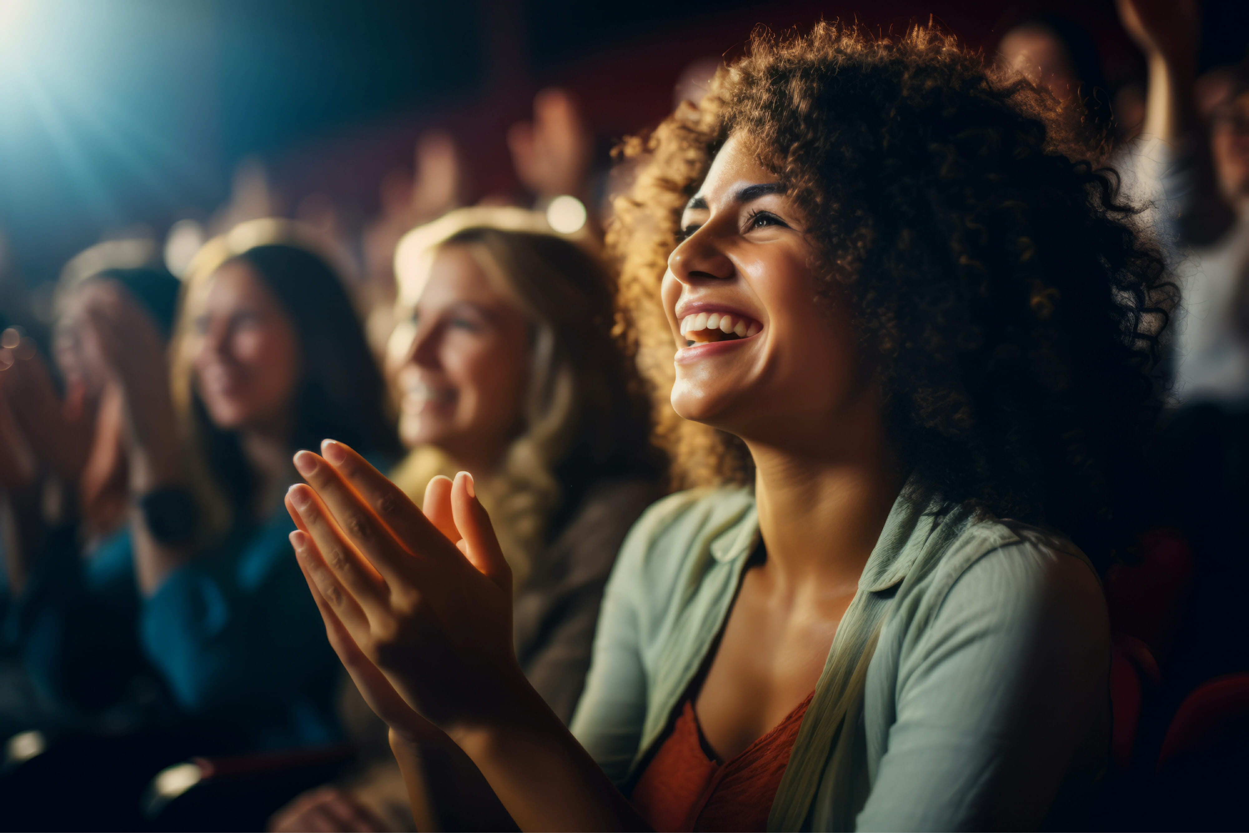 Women in the audience at the theater clapping, cheering and having fun together