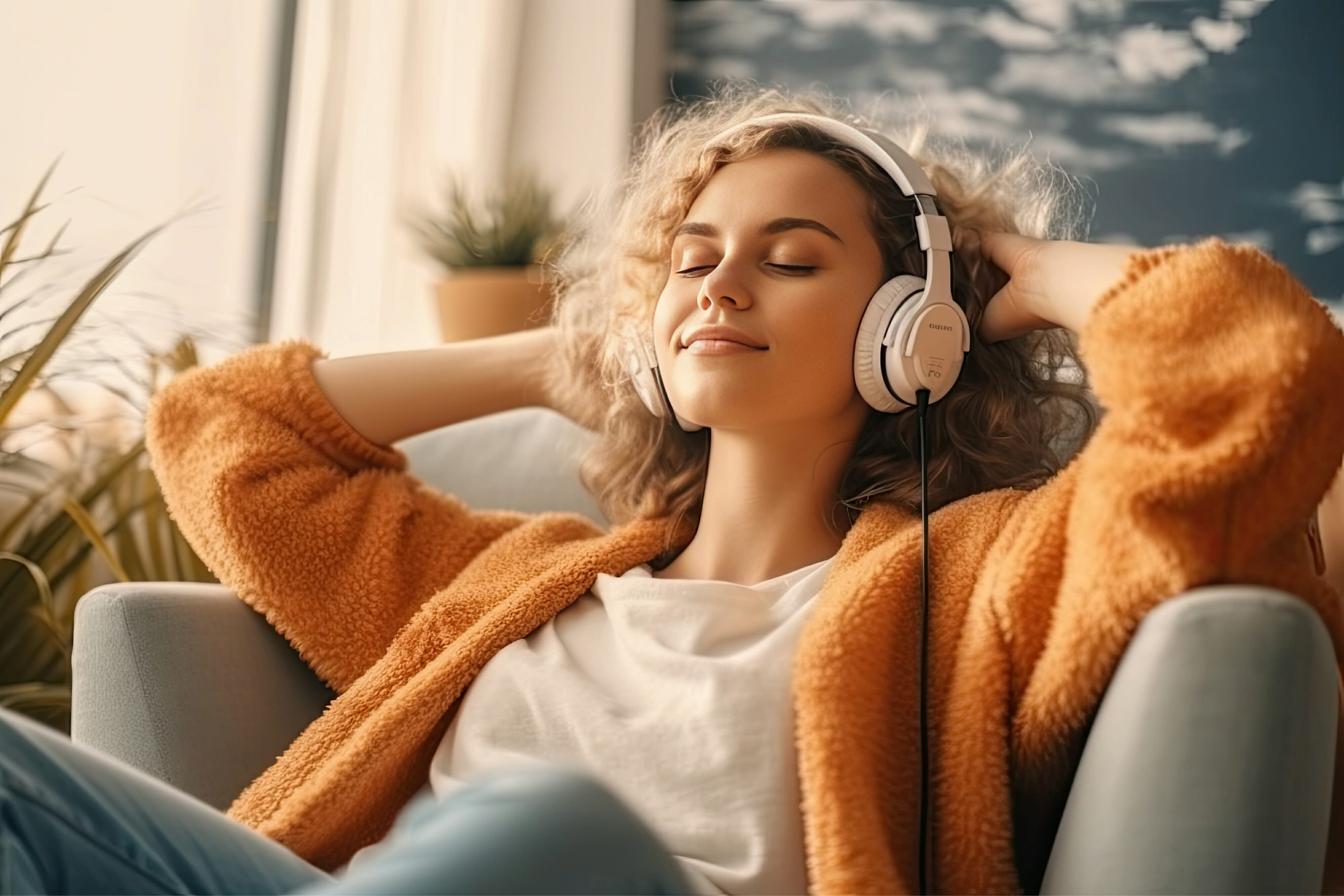 Woman in headphones sitting on sofa listening to music at home