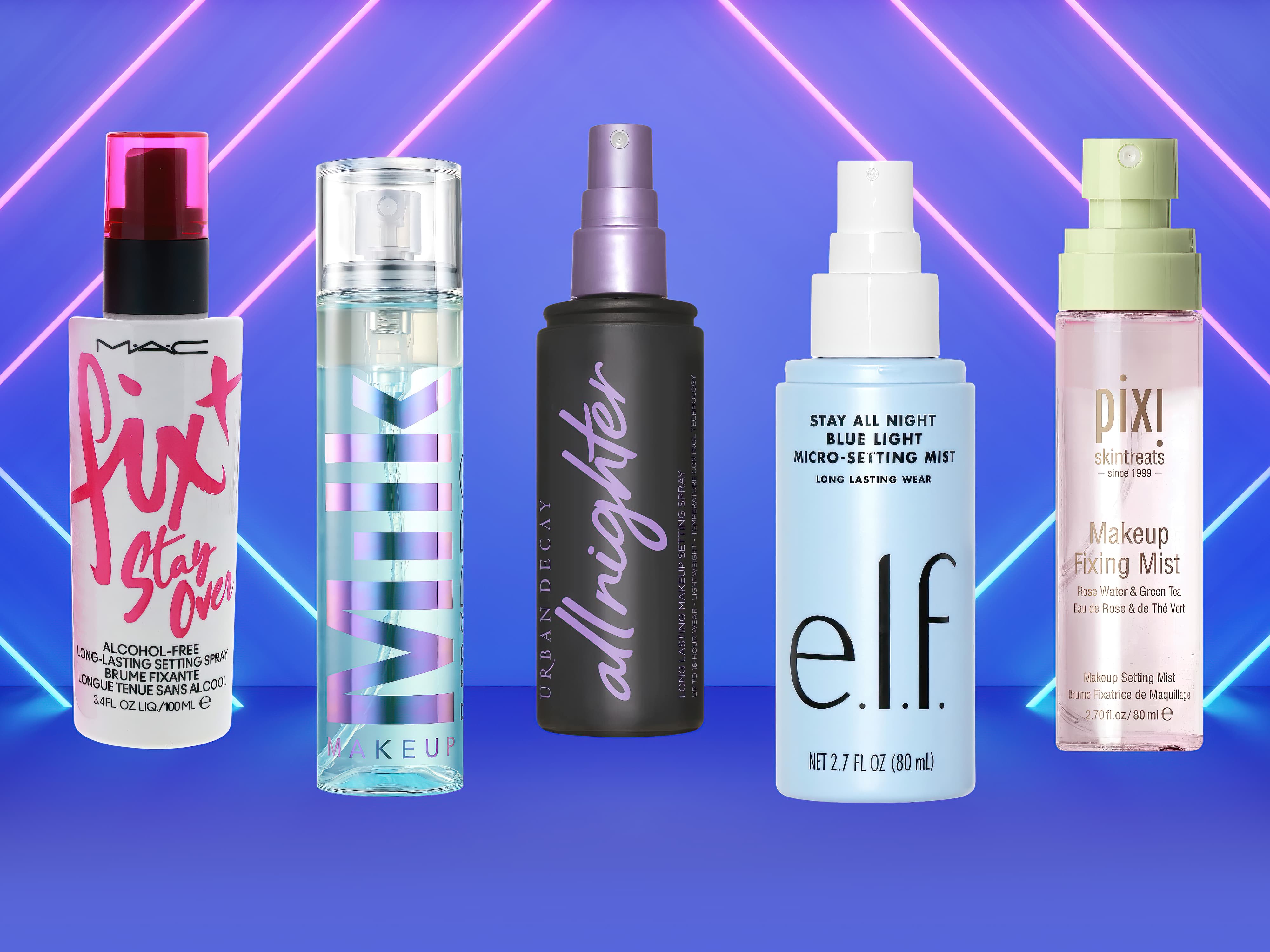 Five different brands of the best makeup setting spray bottles against a neon-lit background