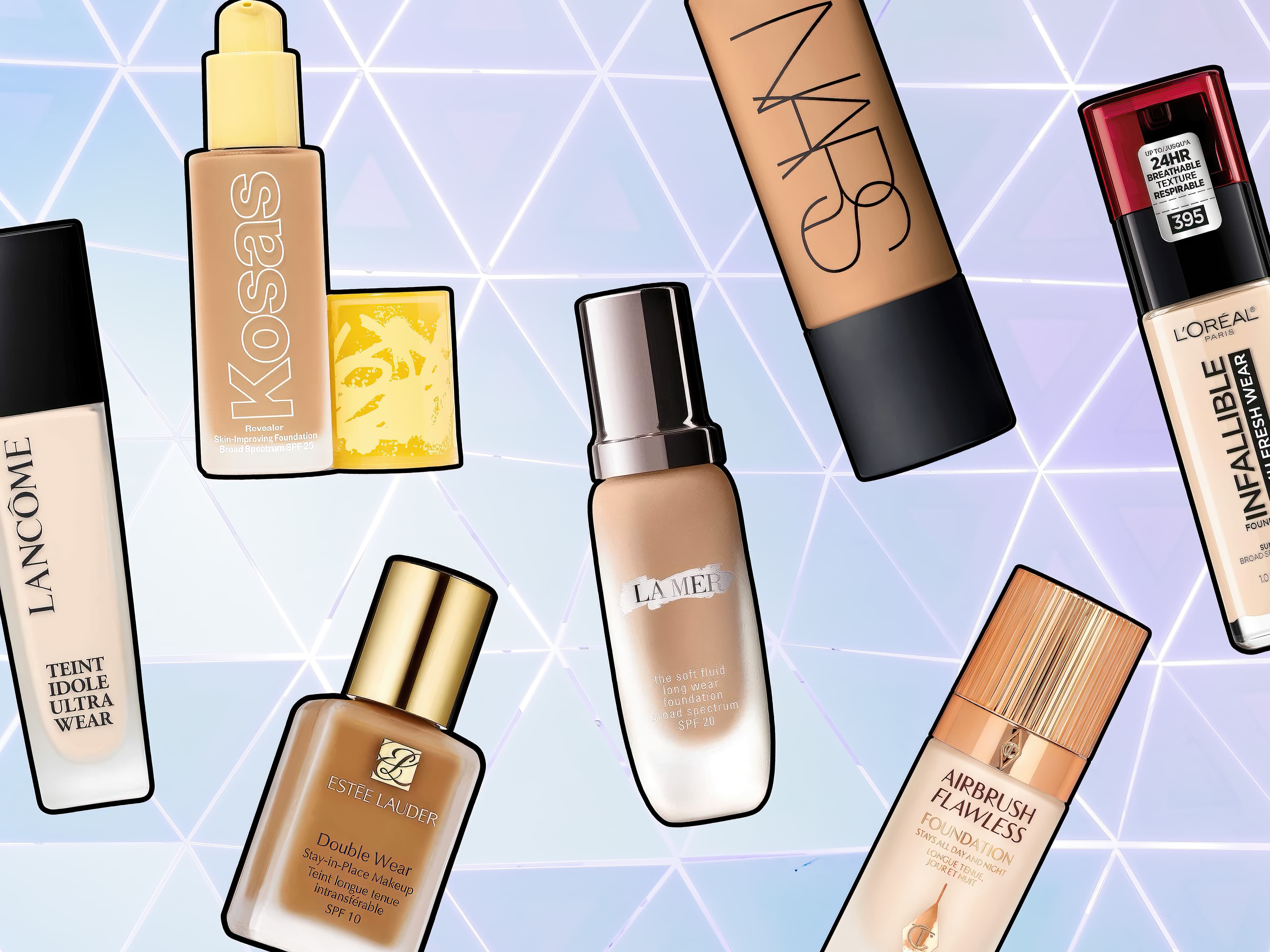 Assorted brands of the best foundations displayed on a geometric background