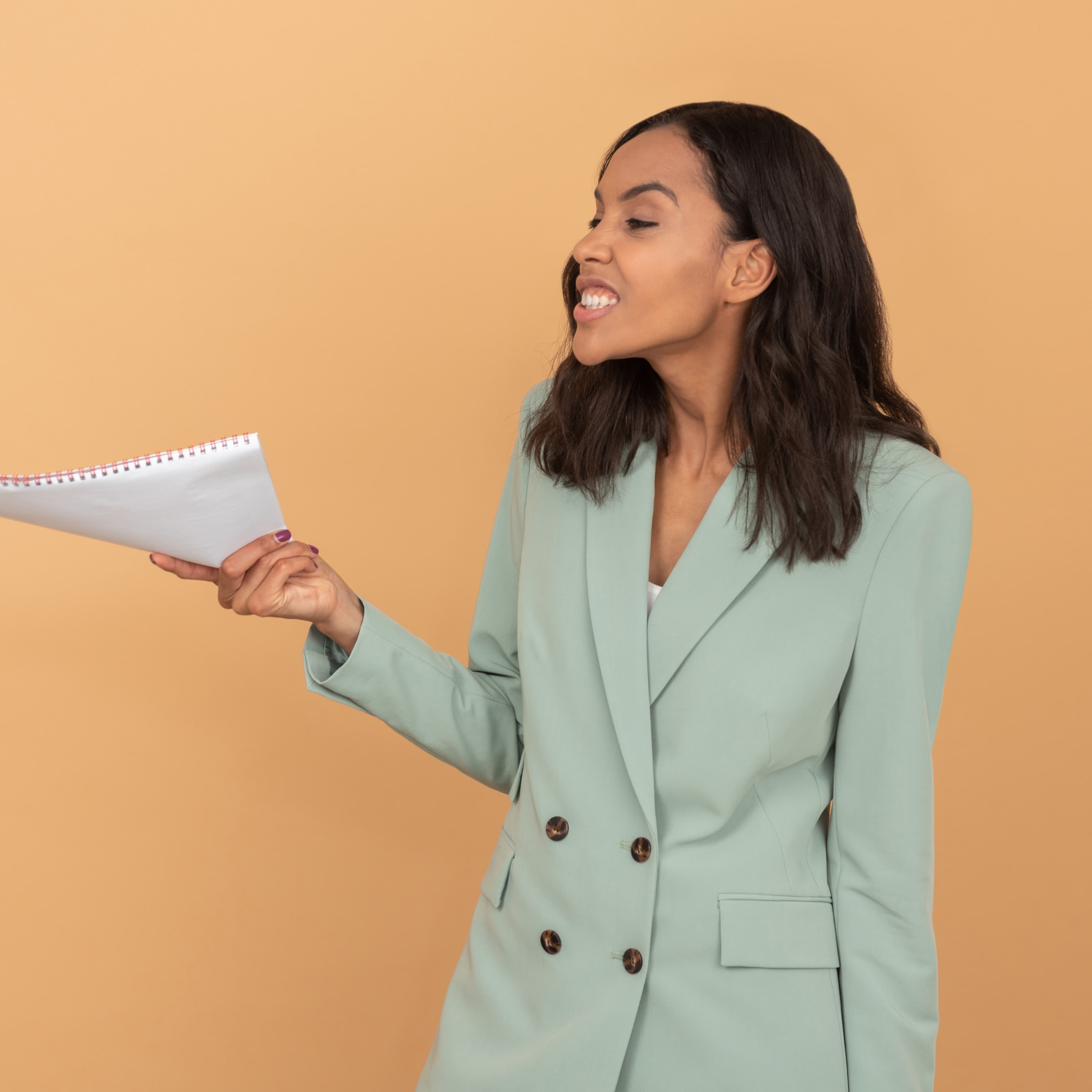 Woman with light green blazer being a know-it-all